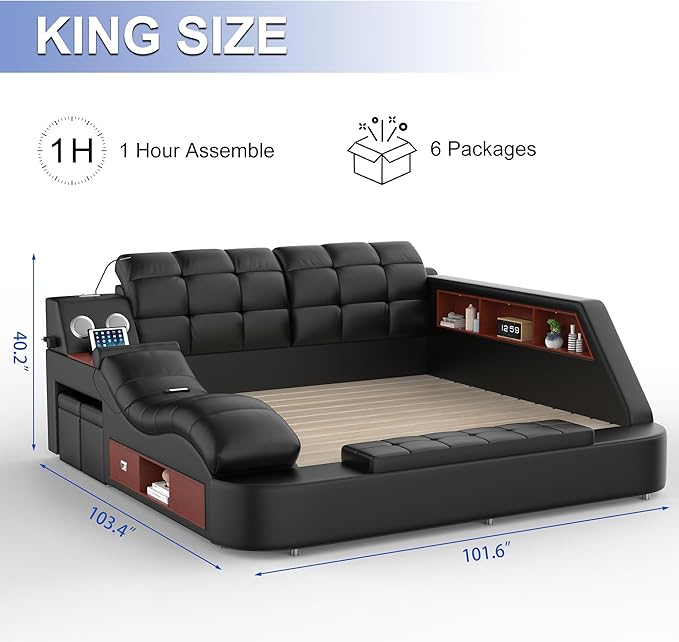 Multifunction Smart King Bed Frame, Luxury Upholstered Platform