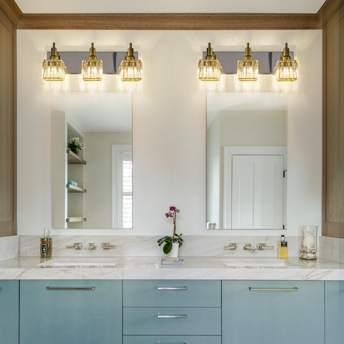HUOKU Crystal Bathroom Vanity Light Gold Chrome 3-Light Modern Bathroom Lighting Fixtures Over Mirror Square Wall Sconce