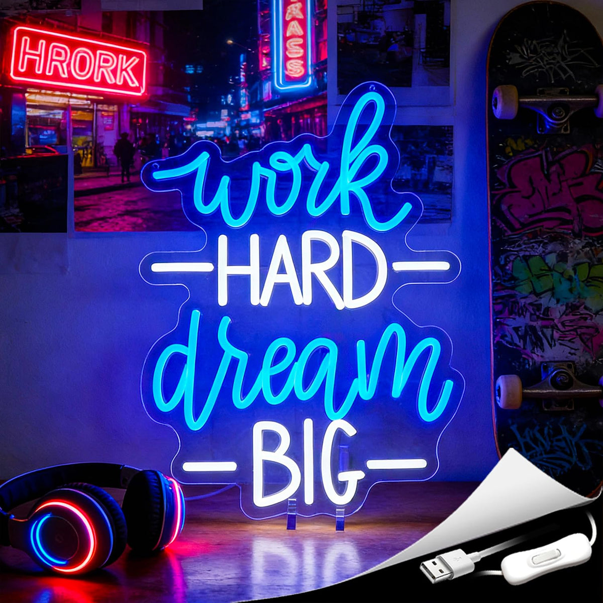 Whfobfe Blue&White Neon Sign Led Neon Lights Signs for Wall Decor USB Powered Led Signs for Room Decoration-Work Hard Dream Big
