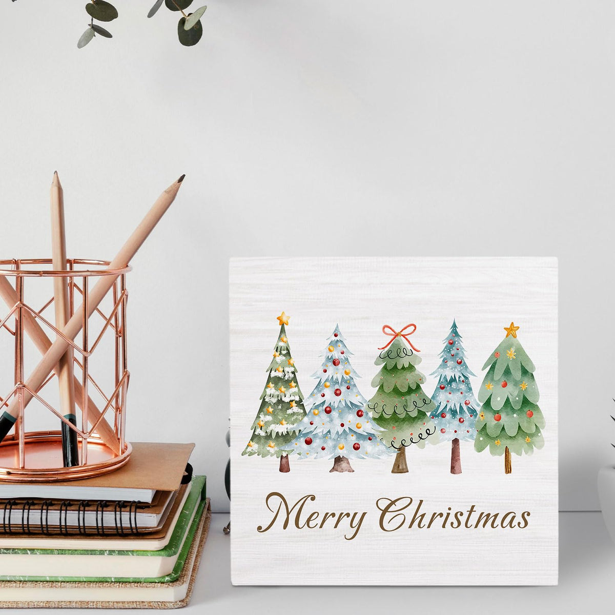 HYKDFMNCJ Merry Christmas Tree Wooden Box Sign Desk Decor, Glitter Holiday Winter Christmas Bauble Tree Wood Signs for Home Bedroom Office Desk Table Shelf Decorations, 5x5 Inch
