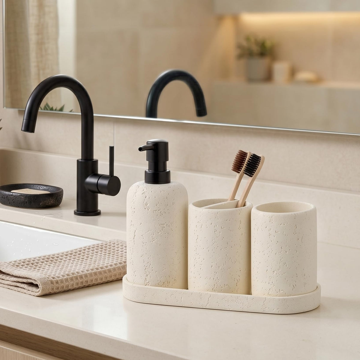 WUUAHOME Bathroom Accessories Set, 4 Piece Travertine Stone Look Collection, Modern Bath Organizer with Soap Dispenser, Toothbrush Holder, Tumbler, Vanity Tray for Countertop Kitchen Sink (Off White)