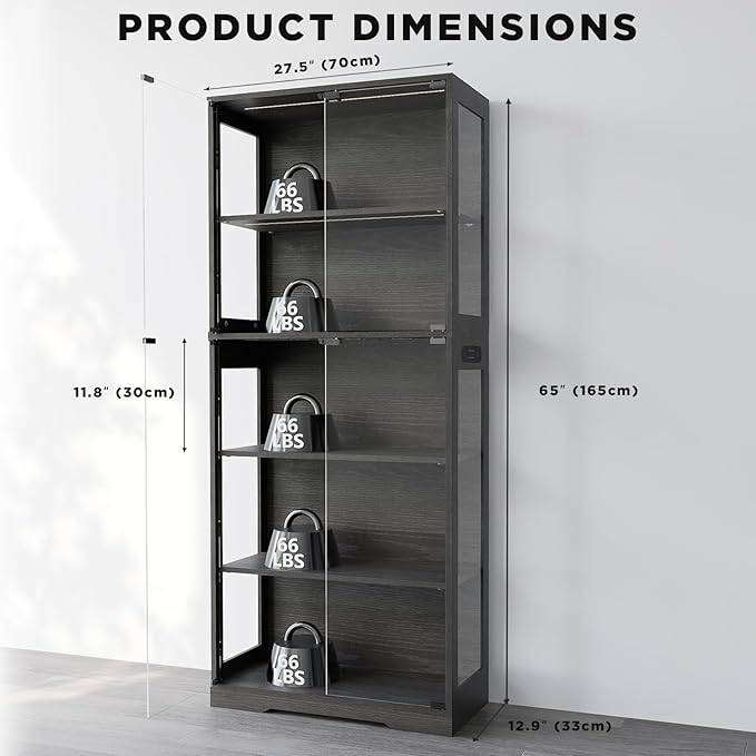 65" Tall Display Case with Glass Doors, Lighted Display Cabinet Bookcase with