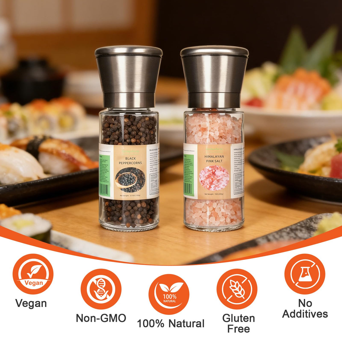 GoldenAnise Stainless Steel Salt and Pepper Grinder Set of 2 - Pre-filled with 3.5oz Black Peppercorns & 7oz Himalayan Pink Salt - Adjustable Ceramic Sea Salt & Pepper Mills, Glass Shakers for Kitchen