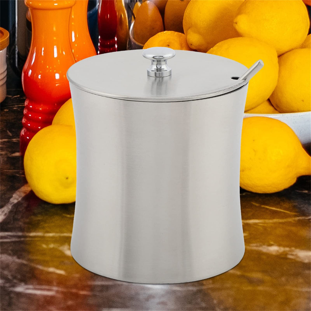 Acouto Salt Bowl with Lid and Spoon, Stainless Steel Sugar Bowl Salt Seasoning Condiment Pot Jar with Cover and Spoon