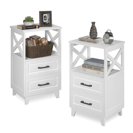 May in Color White Nightstand Set of 2, Tall Side Table, Farmhouse End Table with 2 Large Storage Drawers Cabinet, Wooden Rustic Bedside End Table for Bedroom, Home Office, White