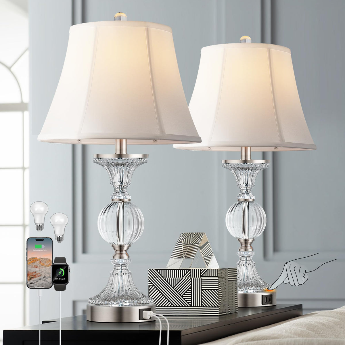 QiMH Glass Table Lamps for Living Room, Modern Table Lamp for Bedroom, Bedside Lamps Set of 2 with USB A+C Ports, 3-Way Dimmable Touch Lamp with Bulbs, Nightstand Lamp for Home Office Reading, Silver