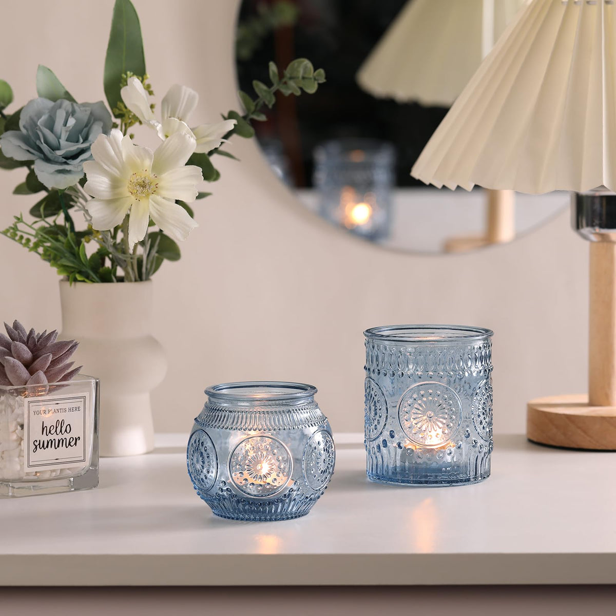 DARJEN Blue Votive Candle Holders- 10Pcs Glass Tealight Candle Holder, Size Upgrade Design for Home Decor, Elegant Candle Holder for Party & Dinner Table Centerpieces, Living Room Decor Gifts
