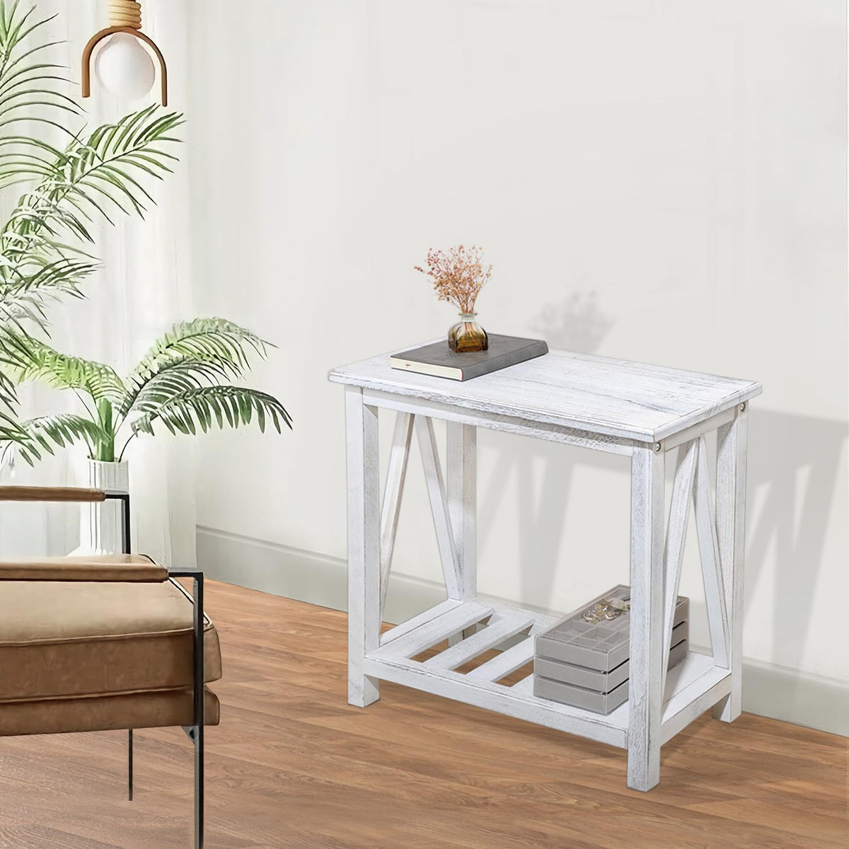 FEUFOAM Farmhouse Narrow End Table Wooden Rustic White Side Tables with Storage Shelves Narrow Sofa Table for Small Spaces Living Room Bedroom Bathroom Dorm