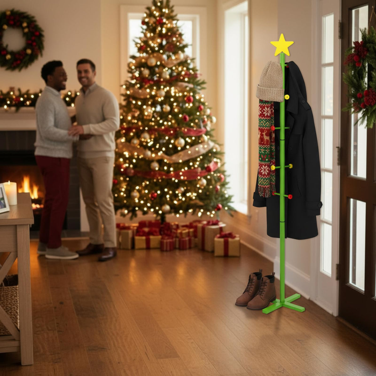 Capoda 71 Inch Christmas Stocking Holder Stand for Floor, Freestanding Wooden Christmas Tree Star Stocking Rack with 10 Hooks Hanger Stand for Xmas Winter Holiday Room Decoration