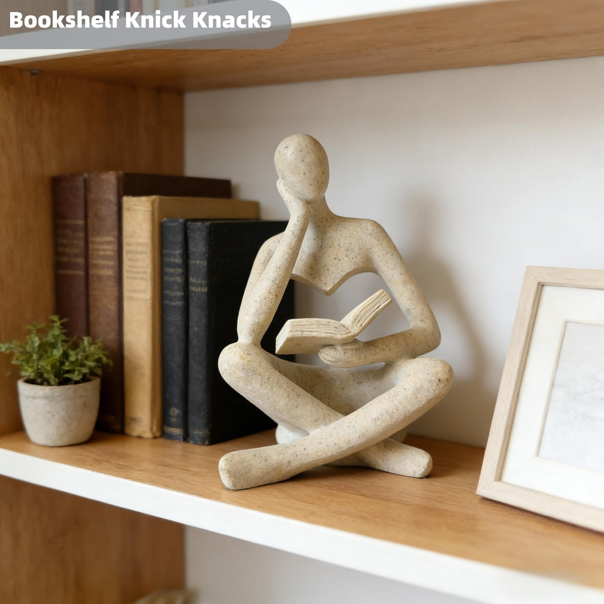 LWDUDE Reading Thinker Statue, Grey Abstract Sculpture for Bookshelf Knick Knacks, Minimalist Decor for Coffee Table, Office Desk, Living Room Shelf Decor - Modern Home Accents (Grey)