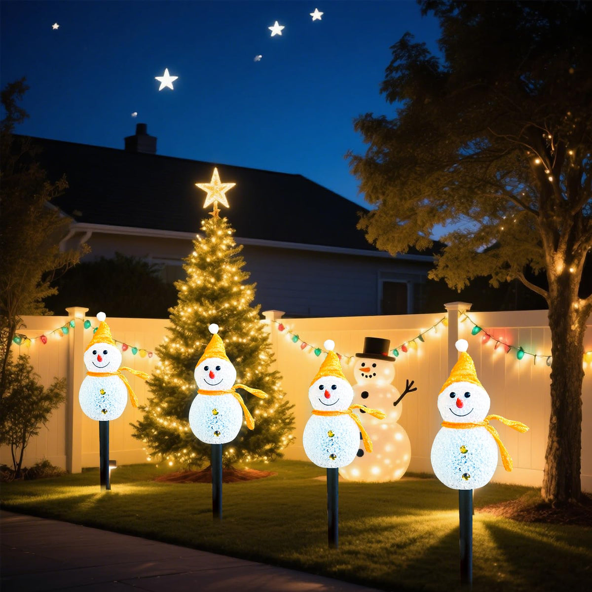 Taoushuleng Led Christmas Yellow Snowman Pathway Lights, Solar Powered Light with 4 Stakes 8 Lighting Modes for Yard Garden Decor (Yellow Snowman)