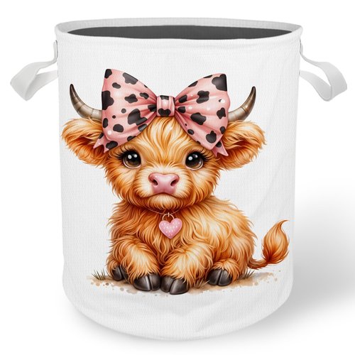 Cilrii Pink Bow Highland Cow Laundry Basket Hamper, Toybox for Girls, Western Cow Waterproof Collapsible Storage Bin Organizer for Bedroom Bathroom Kids Girls Room Dorm Clothes Toys Books