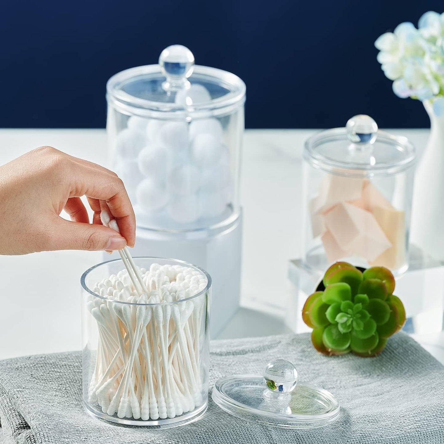 SheeChung Clear Acrylic Apothecary Jars - 6-Pack Qtip Holder Set (3) 10oz & (3) 12oz - Shatterproof Bathroom Organizer