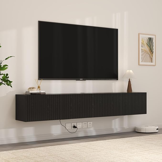 71” Floating TV Stand with LED Lights & Charging Station, Floating Media