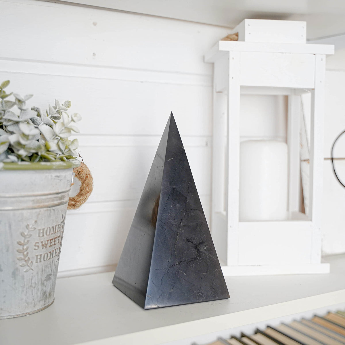 Authentic Shungite Pyramid Polished 8"(20cm), Premium Protection Crystals for House & Office, Karelian Black Stone Energy Pyramid for Root Chakra Meditation, Grounding & Negative Energy Blocker