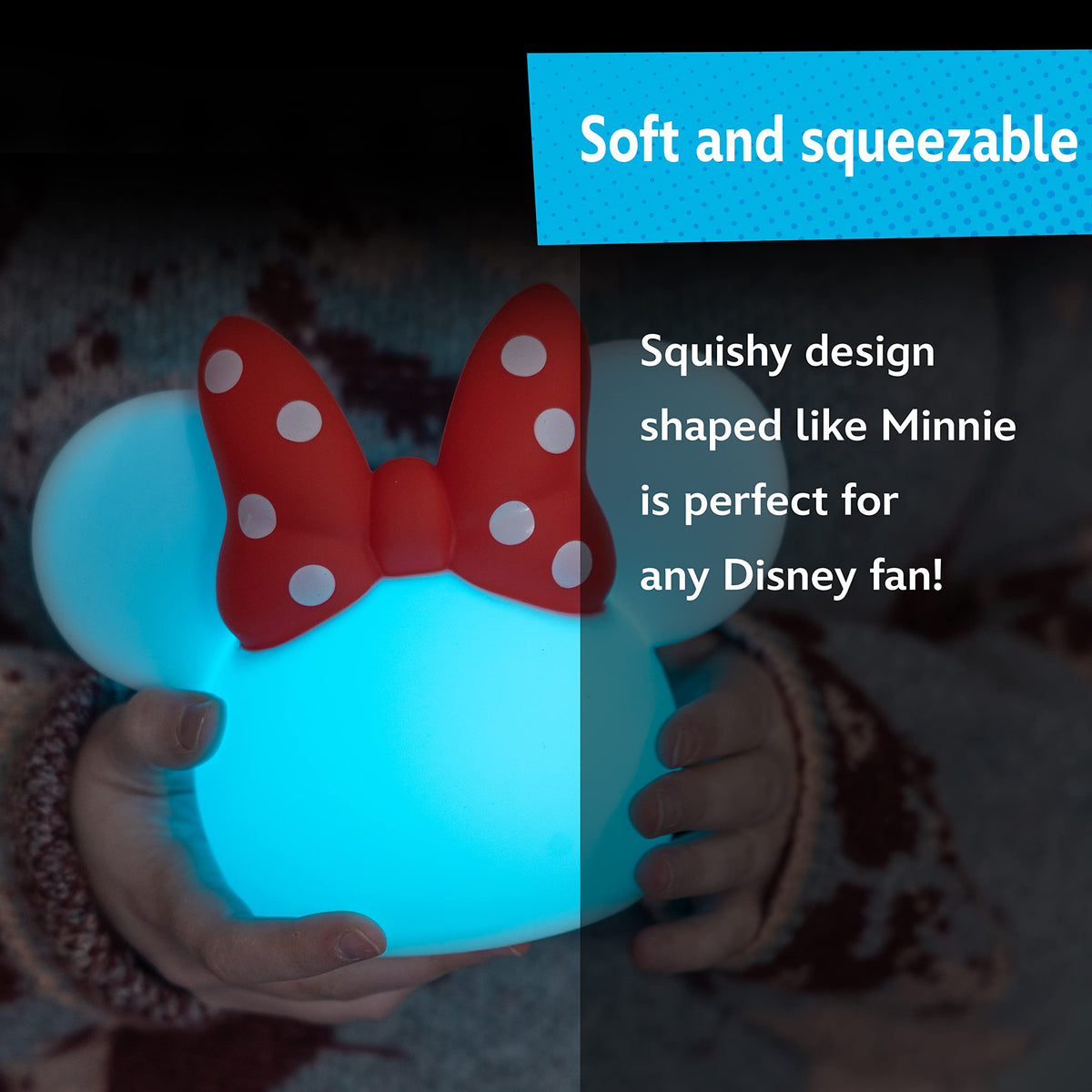 Disney Minnie Mouse Squishy Light, Color Changing, Night Light for Kids, USB Lamp, Battery Operated, Dimmable, Ideal for Bedroom, Playroom, Living Room, and More, 66945