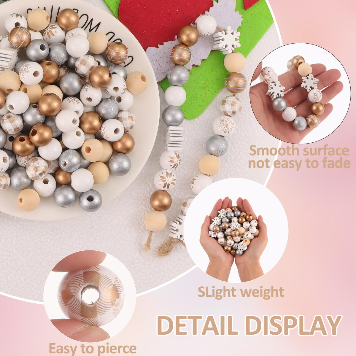 210 Pcs Golden Wood Beads Winter Gold Silver White Snowflake Wooden Craft Beads Bulk for Xmas DIY Garland Necklace Bracelet Jewelry Making Home Decor