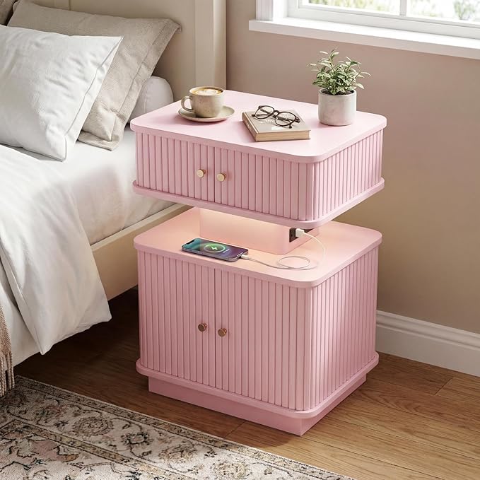 Nightstand with Charging Station, Modern Night Stand with Smart Led Light and 2