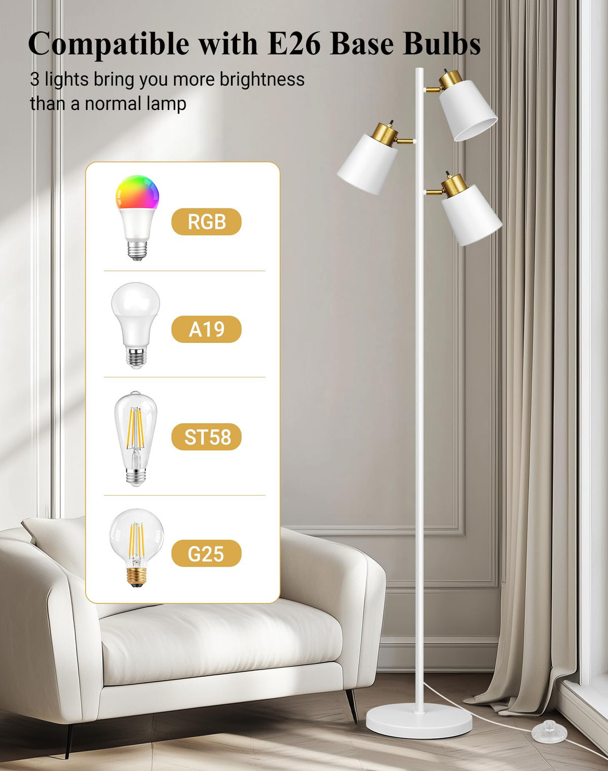 QiMH Tree Floor Lamps for Living Room, 67" Modern Standing Floor Lamp with 3 LED Bulb, Industrial Tall Lamp Reading Lighting for Bedroom Study Office Decor, 3 Rotatable Light Heads, White Gold