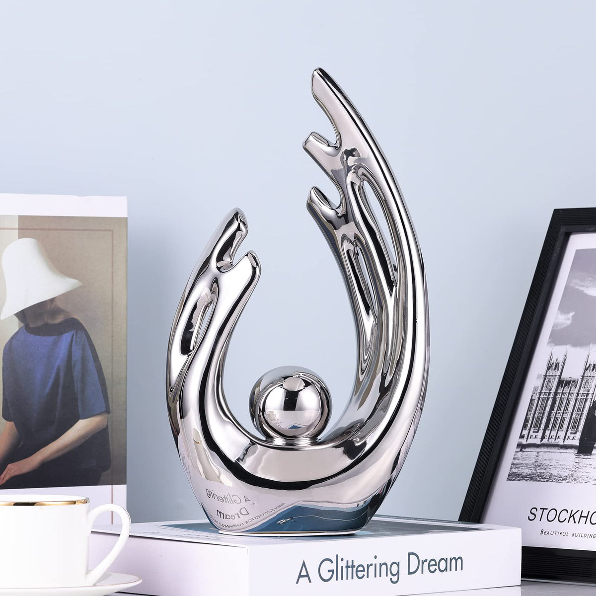 XMGZQ Silver Abstract Art Ceramic Statue Sculpture,Silver Home Modern Centerpiece Dinner Table, Kitchen, Bathroom Mantelpiece Coffee Table Office Aesthetic Decoration Silver Ceramic Statue Decor