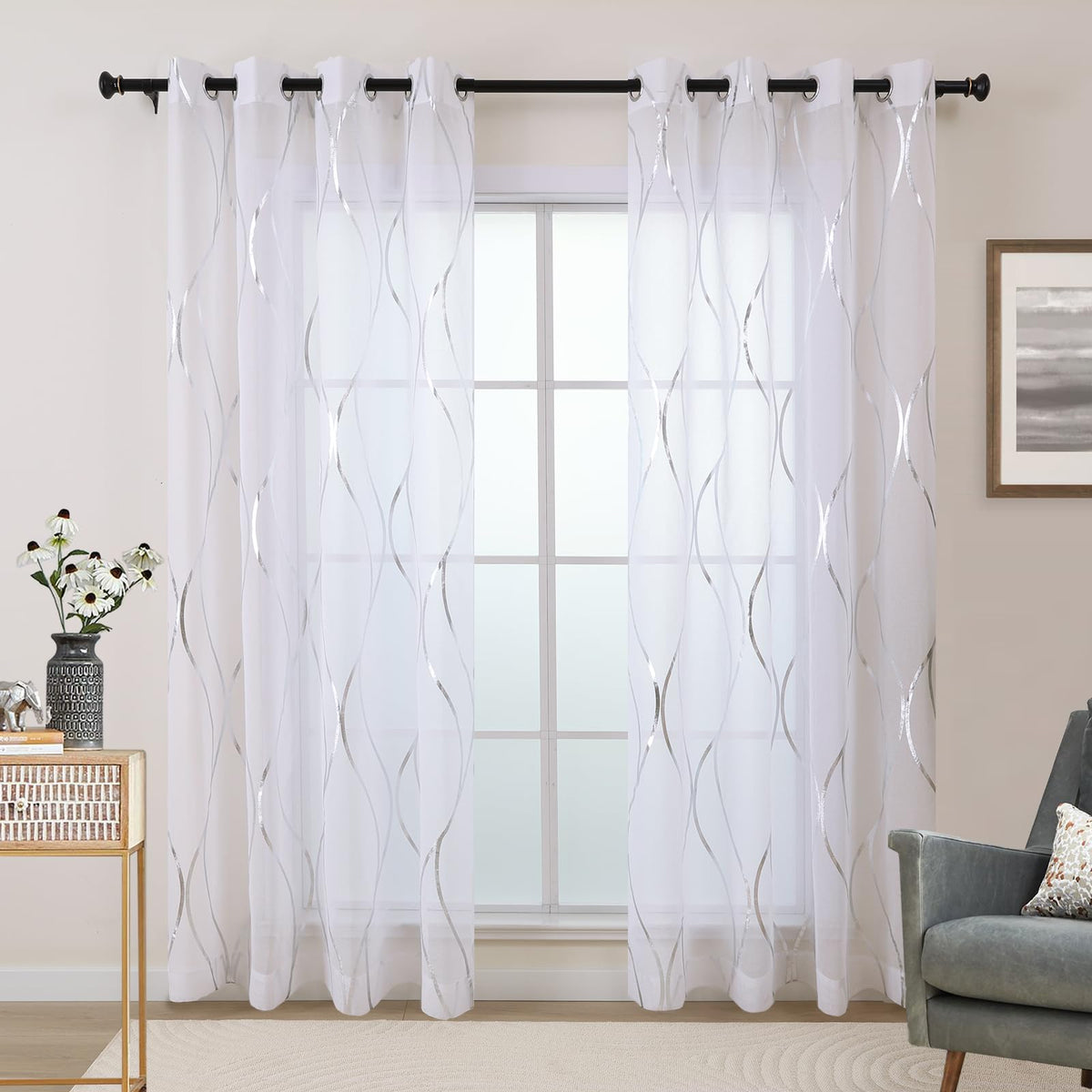 L.Z.E White and Silver Curtains for Living Room, See Through White Sheer Curtains 84 Inches Long 2 Panels Set, Grommet Transparent Window Drapes with Elegant Wave Patterns