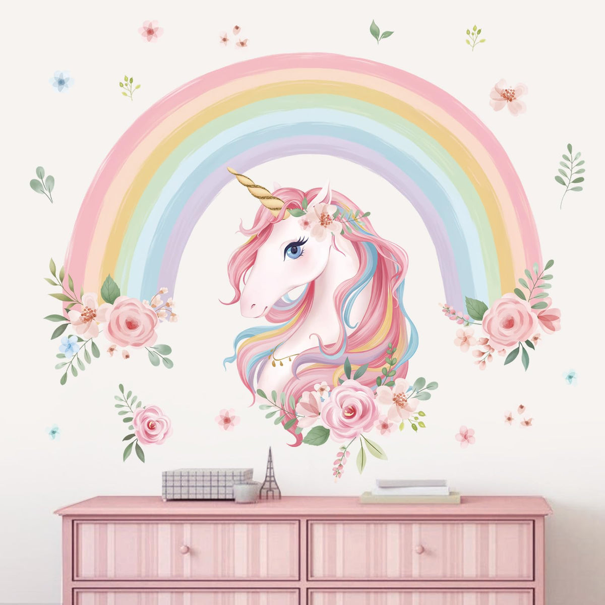 wondever Large Rainbow Wall Decals Unicorn Flower Peel and Stick Wall Art Stickers for Girls Bedroom Kids Room Baby Nursery