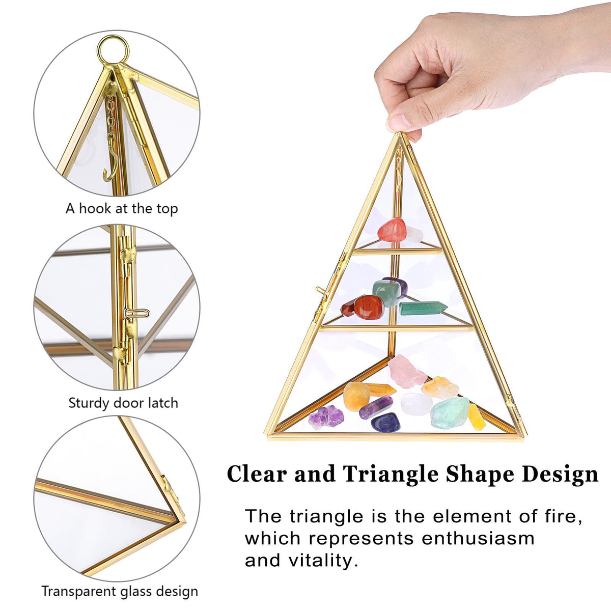 ELLDOO 3 Tier Glass Display Case for Collectibles, Triangular Crystal Display Shelf, Crystal Holder Decorative Display Tray for Crystals Healing Stones Marbles, Gold Metal Jewelry Display Stand