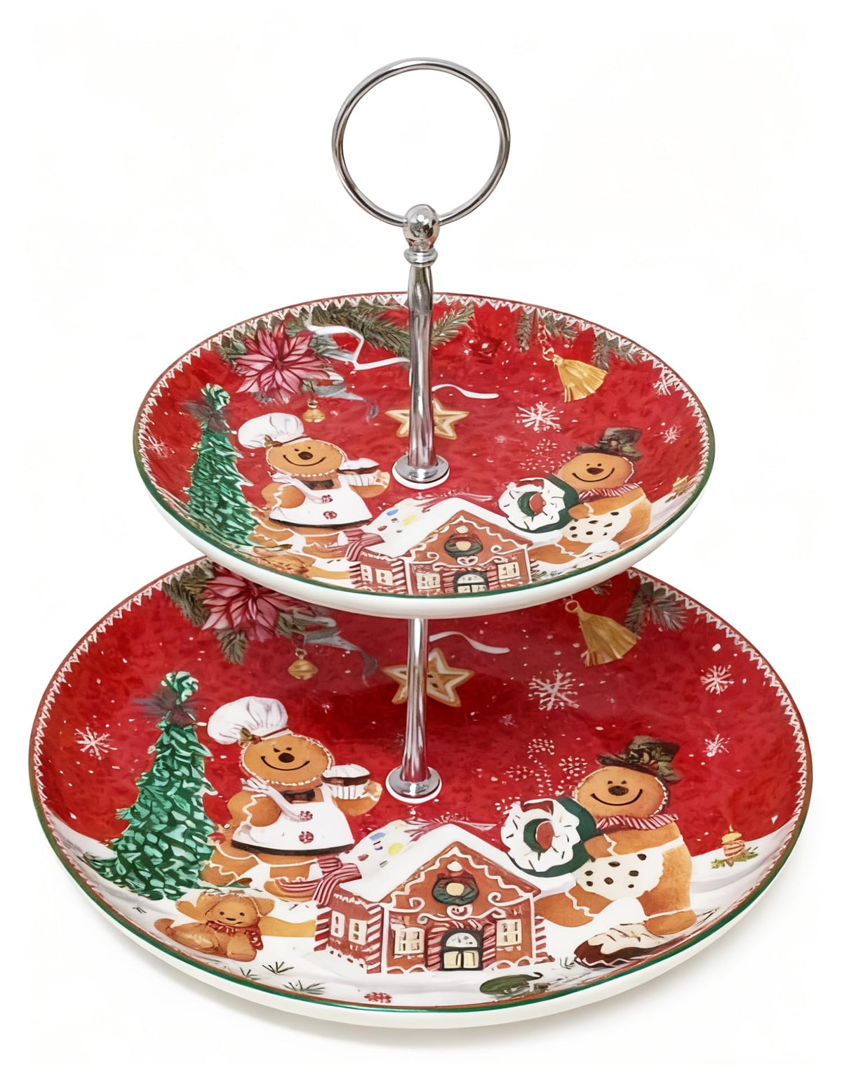 2-Tier Red Round Porcelain XMAS Cake Fruit Stand Plate with Gift Box, Cupcake Serving Display Ceramic Pastry Tray Towers Platter Set for Dessert Appetizer Candy Buffet for Home Party - Gingerbread Man