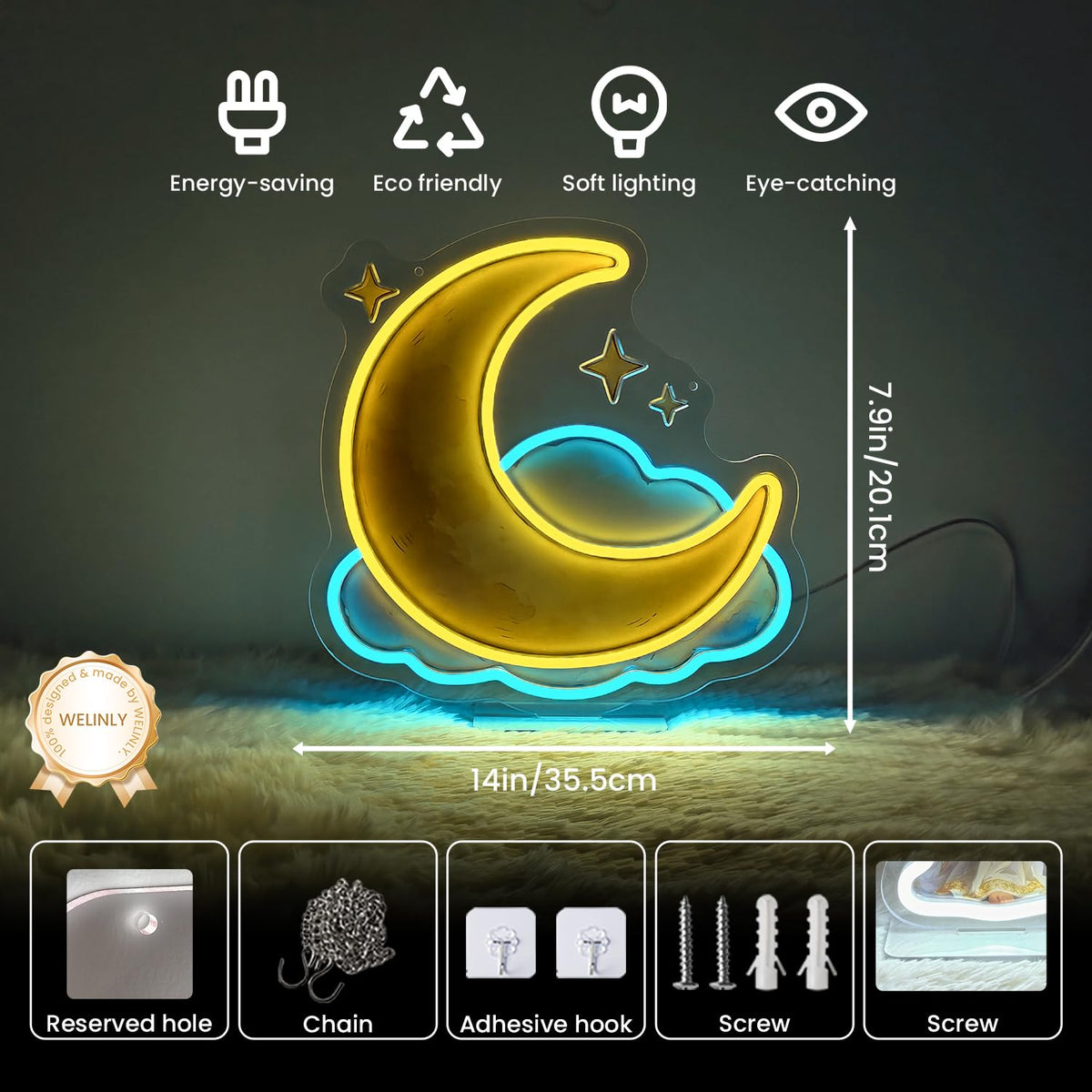 LED Moon Star Neon Sign Light Up Cloud Lights Lighted Starry Sky Neon Signs with Base for Bedroom Dorm Hallway Garage Bar Gaming Room Man Girls Cave Tabletop Wall Decor Art Gifts