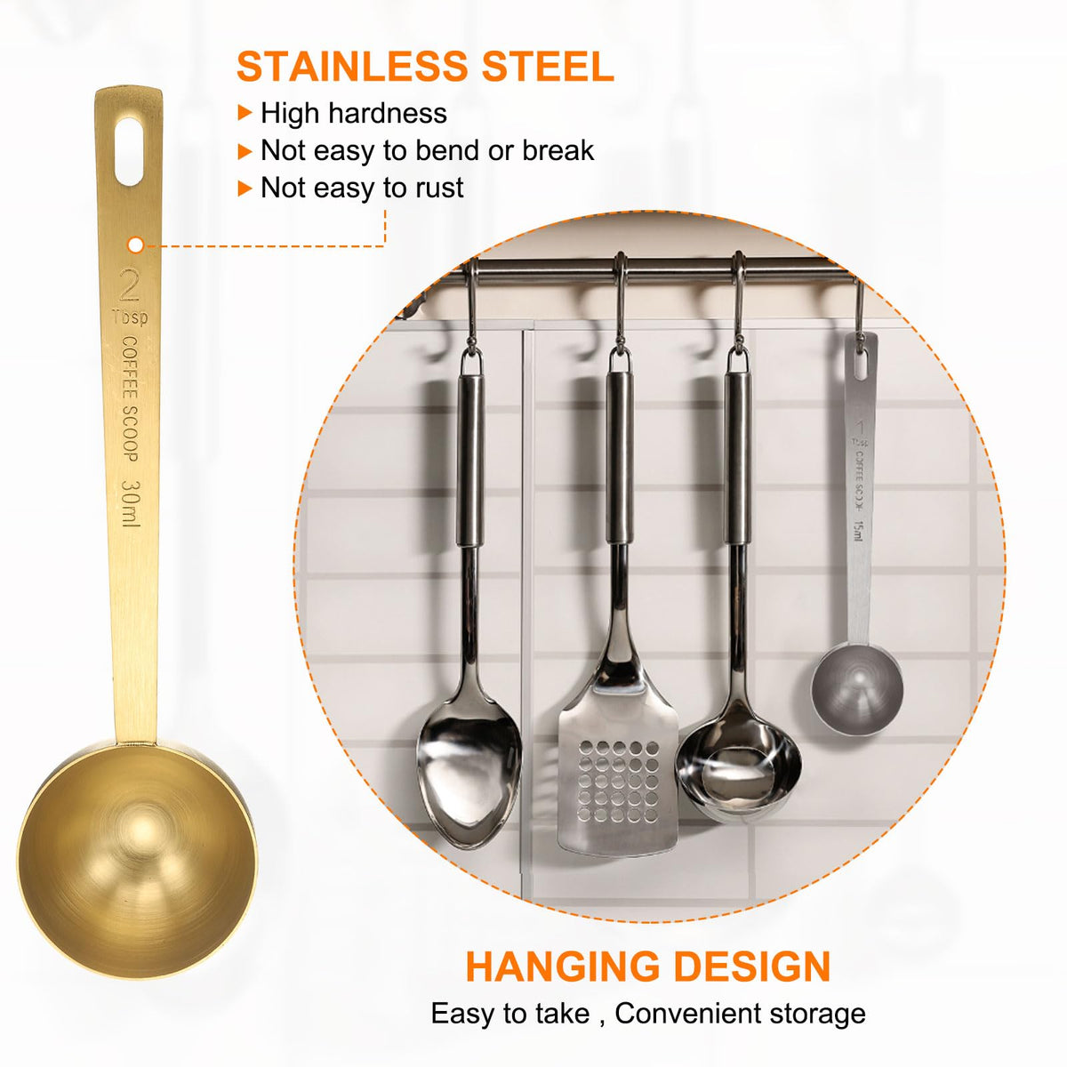 HARFINGTON 2pcs Coffee Scoop Spoon 2tbsp (6tsp, 30ml) 304 Stainless Steel Long Handle Teaspoon/Tablespoon Measuring Spoons Scoops for Tea Sugar Kitchen, Gold