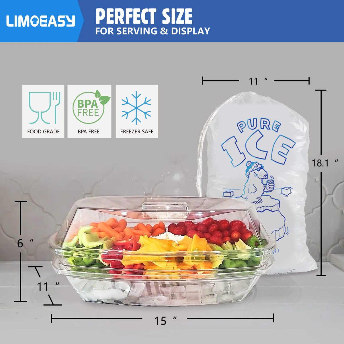 LIMOEASY Chilled Serving Tray, 15" Clear Plastic Party Platter with 4 Compartments, Ice Serving Bowl with Lid, Shrimp Cocktail Serving Dish, Cold Food Buffet Server for Fruit, Veggie, Appetizer, Sushi