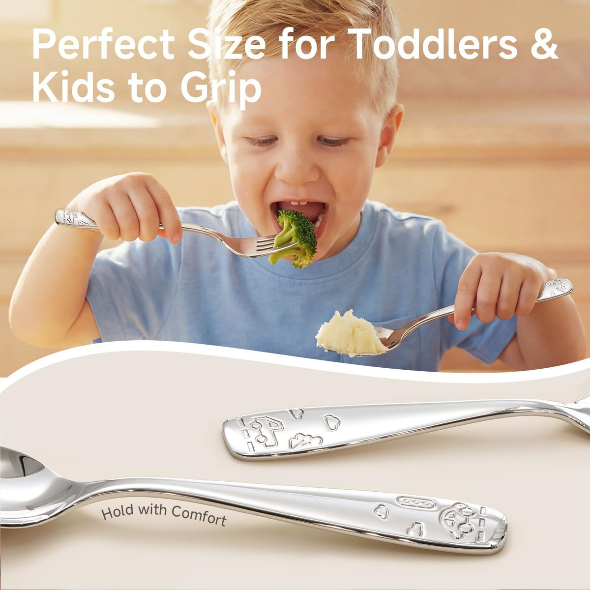 KINGSTONE 6 Pieces Toddler Utensils Set, 18/10 Stainless Steel Kids Silverware, 3 Forks & 3 Spoons, Food-Grade, Cute Car Design, Dishwasher Safe for Children Self-Feeding