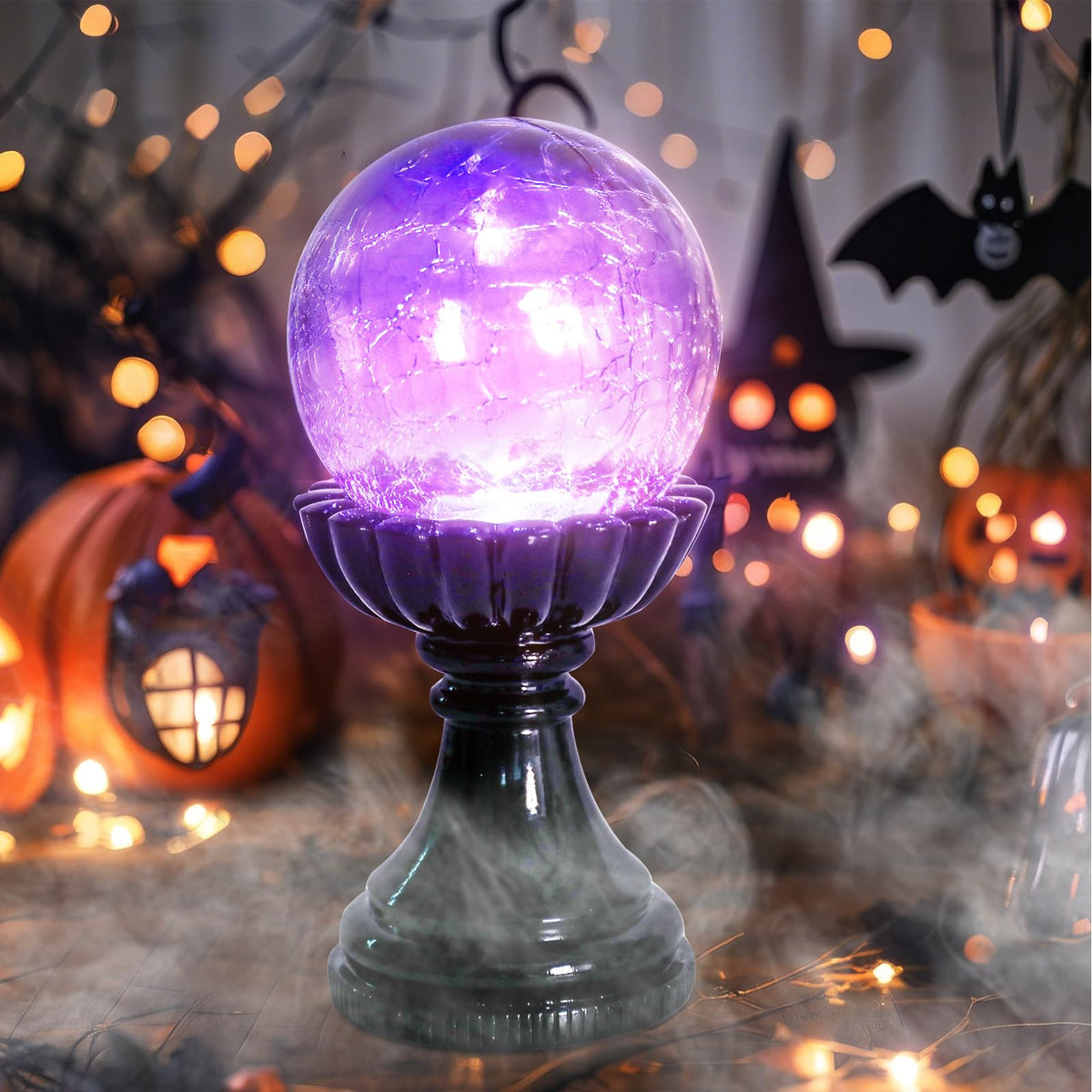 MUMTOP Halloween Indoor Decorations, Purple Glass Crackle Globe with LED Light Halloween Magic Ball Figurine Resin Statue for Home Kitchen Room Party Table Decor