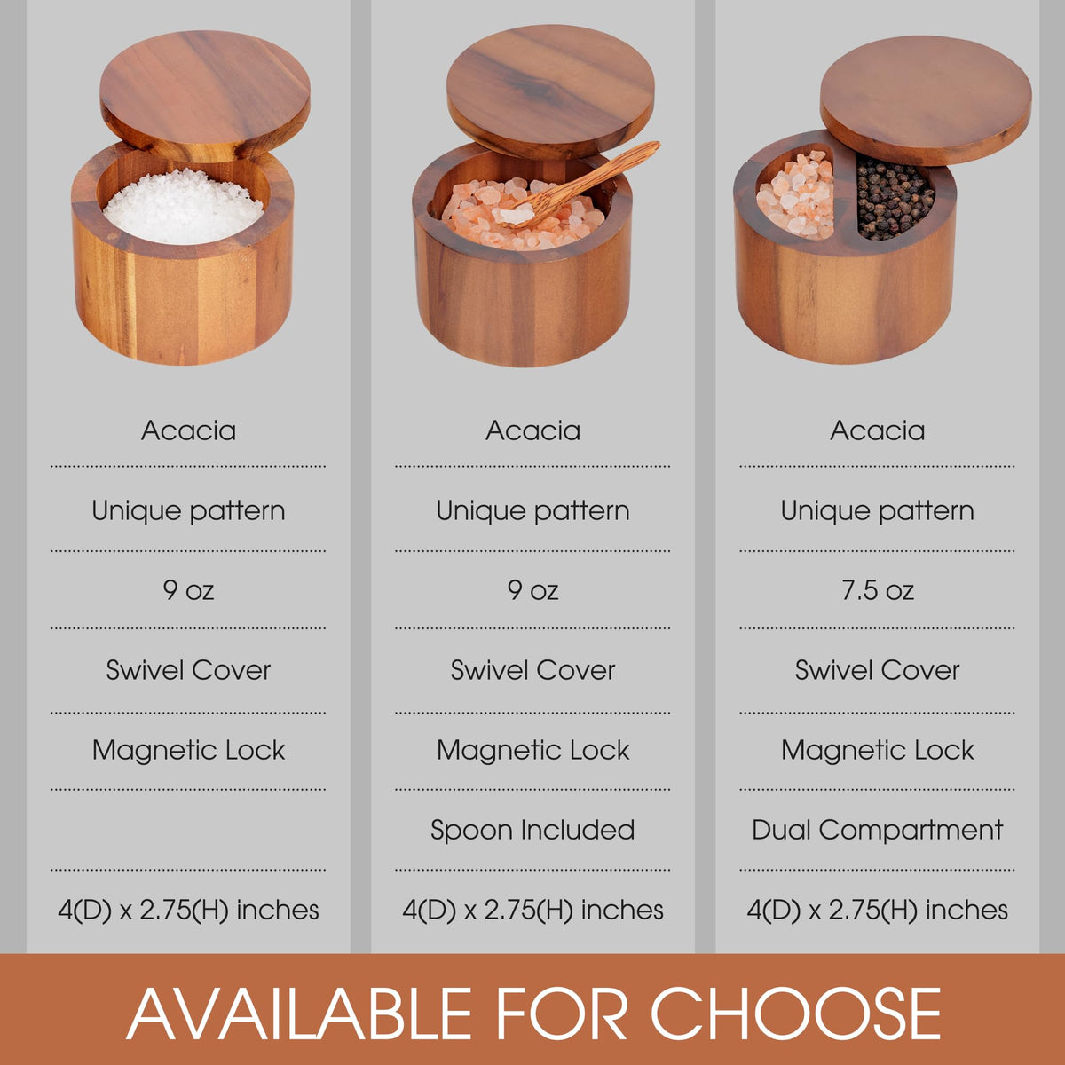 Demigo Acacia Salt Cellar 9 Ounces Capacity, Wood Salt Box With Swivel Cover, Spice Keeper, Wood Jar For Kitchen, Perfect For Keeping Table Salt, Gourmet Salts, Herbs or Favorite Seasonings
