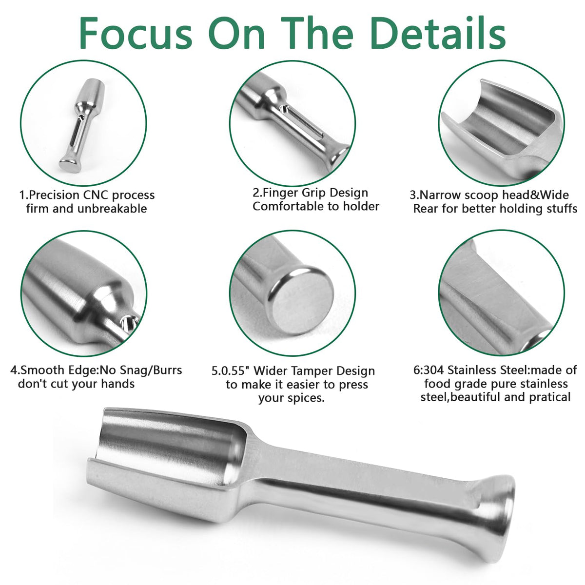 Mini SS304 stainless steel scoop with tamp tool,0.25 gram 2.56 inch capacity spoon for multi-purpose use sugar salt powder spices dishwashers safe for kitchen Laboratory