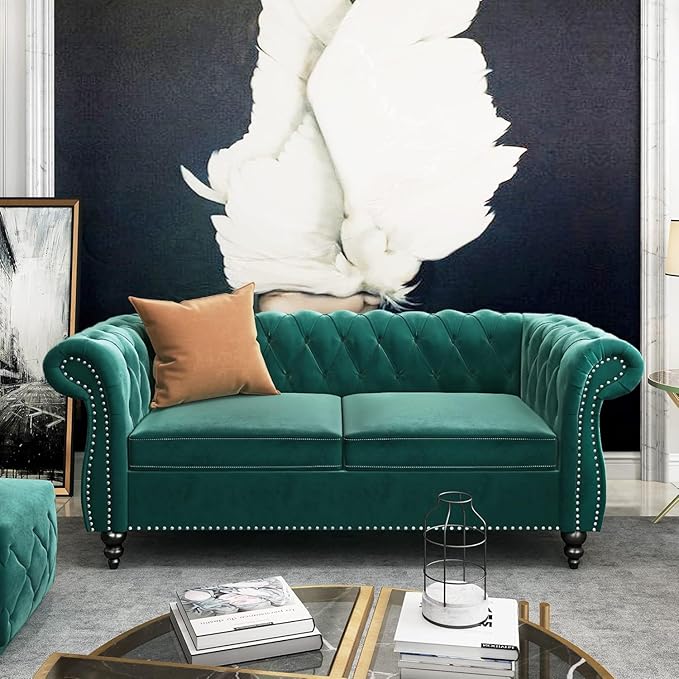 Mid-Century 2 Seater Sofa, Velvet Loveseat