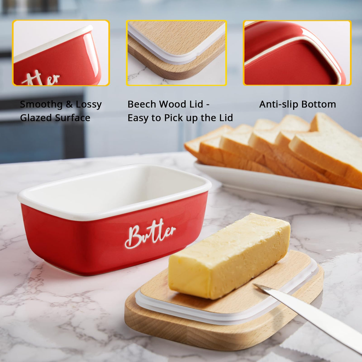 ALELION Red Butter Dish with Lid for Countertop, Ceramic Butter Container with Beech Wood Lid, Airtight Butter Keeper for Counter or Fridge, for Red Kitchen Decor and Accessories