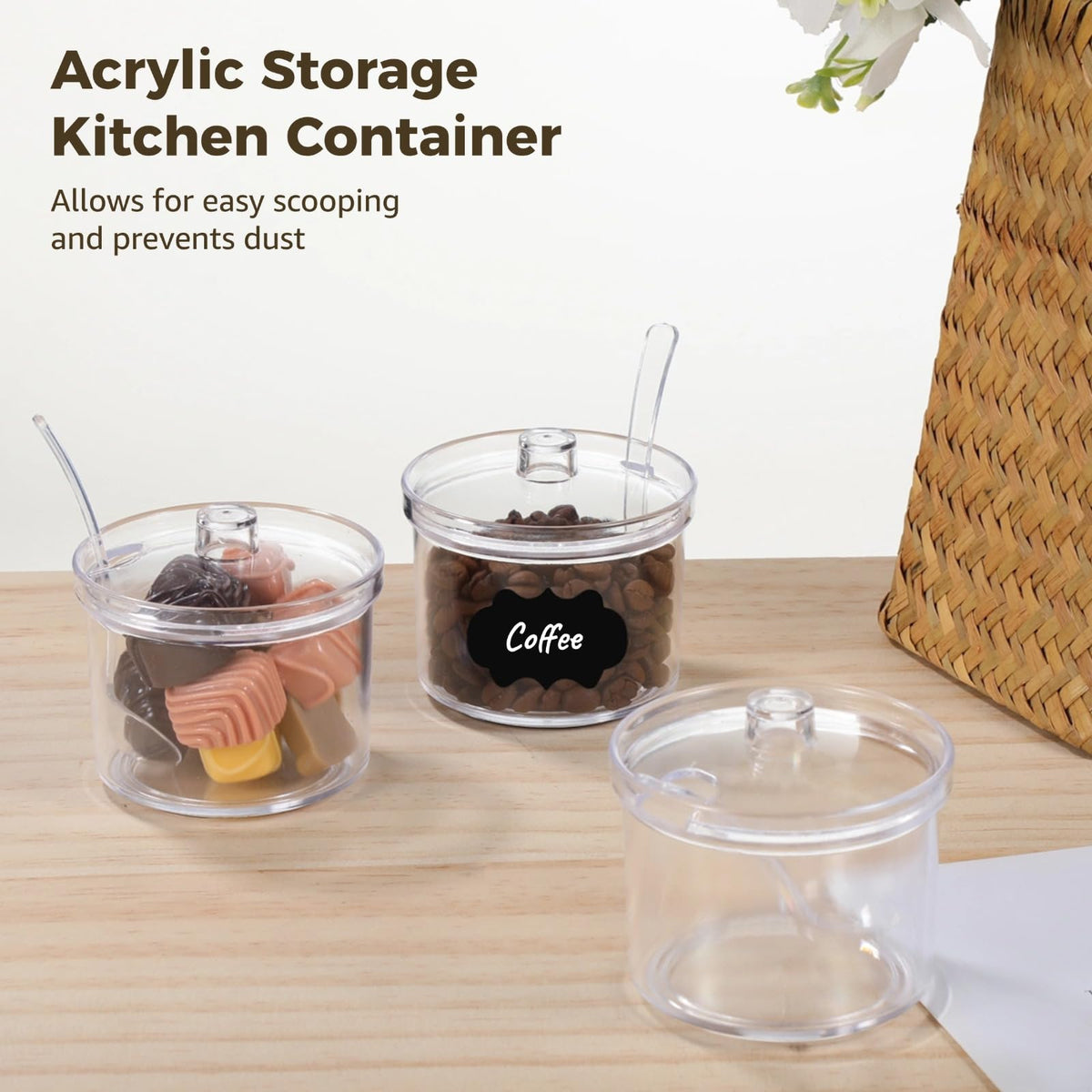 Homaisson 12 PCS Ice Cream Topping Containers with Lids - 6.7 oz Acrylic Clear Sugar Bowl for Countertop with Lid and Spoon, 200 ml Canisters with 24 Labels & Pen for Coffee Tea Tea Spice