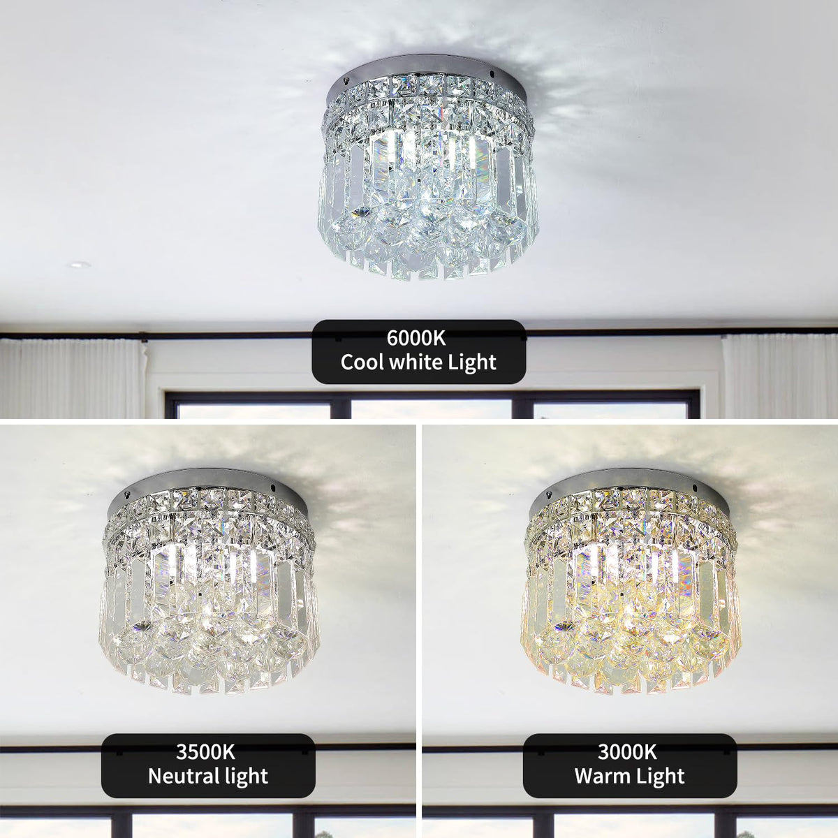 CEENLI Mini Modern Round Crystal Flush Mount Chandelier 7.8 inch Ceiling Light Fixture 4-Lights G9 Bulb for Closet Foyer Hallway Bedroom Living Room Dining Room Entryway Chrome Finish