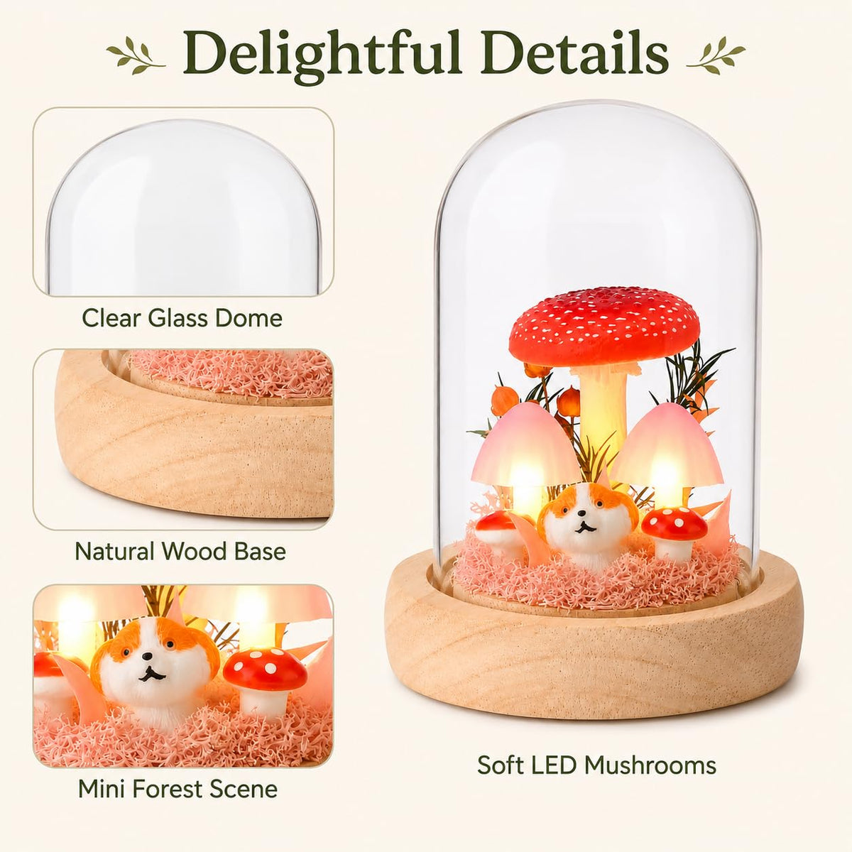 QUELIEN Mushroom Lamp in Glass Dome,Mushroom Gifts for Women - Warm White LED Night Light for Bedroom Decor,Birthday Party Decorations,Ideal Birthday Gift Valentines Gift