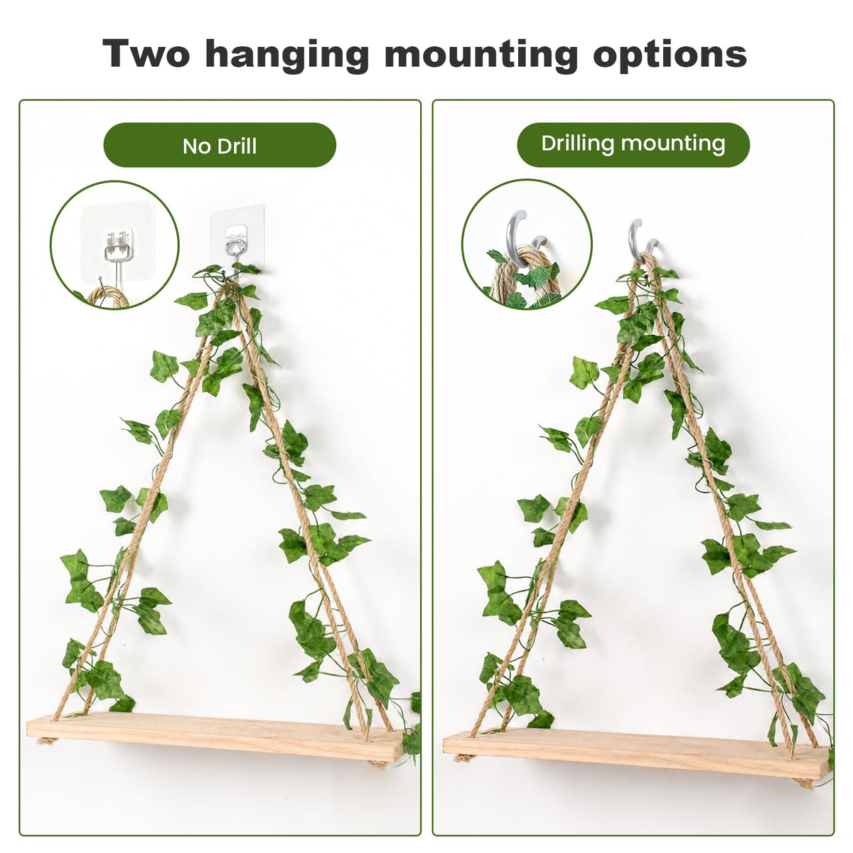 RICHER HOUSE Macrame Floating Shelves for Wall No Drilling, Boho Hanging Shelf with Artificial Ivy and LED Lights, Plant Wall Decor for Living Room Bedroom Dorm