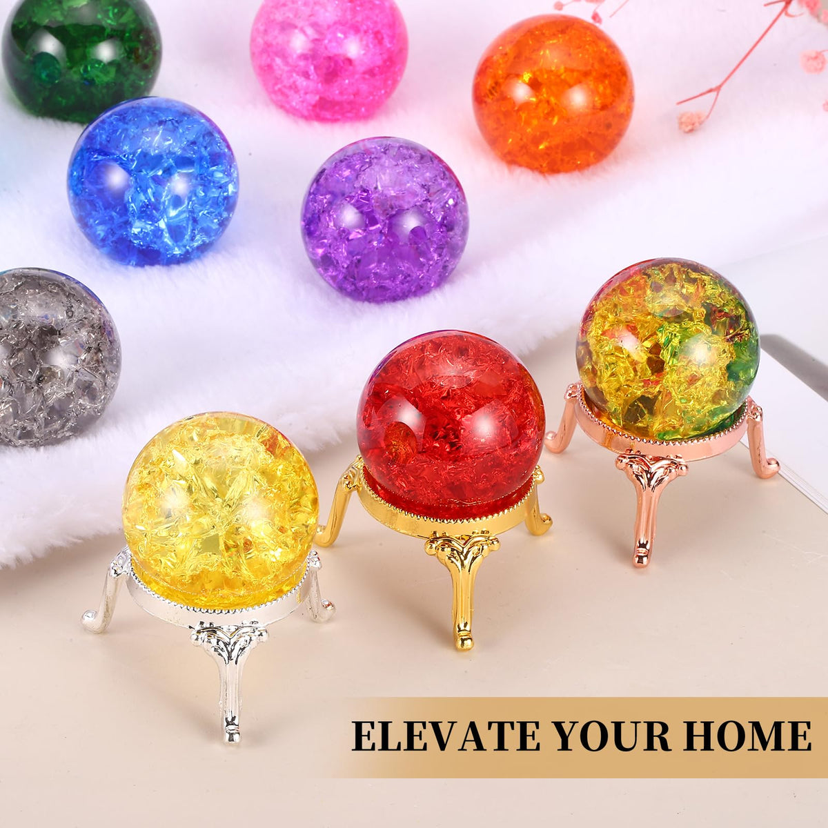 PATIKIL Crystal Ball 40mm, Ice Cracked Glass Ball with Metal Stand, Decorative Crystal Sphere Glass Paperweight for Home Office Table Decor, Yellow/Rose Gold