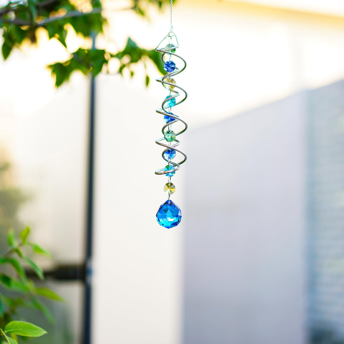 H&D HYALINE & DORA 20.5inch Gazing Ball Spiral Tail,Decorative Wind Spinner Sun Catcher,Rainbow Maker Double-Spiral W/Sea Blue Crystal Ball and Chain,Glass Crystals for Indoor Outdoor Decoration