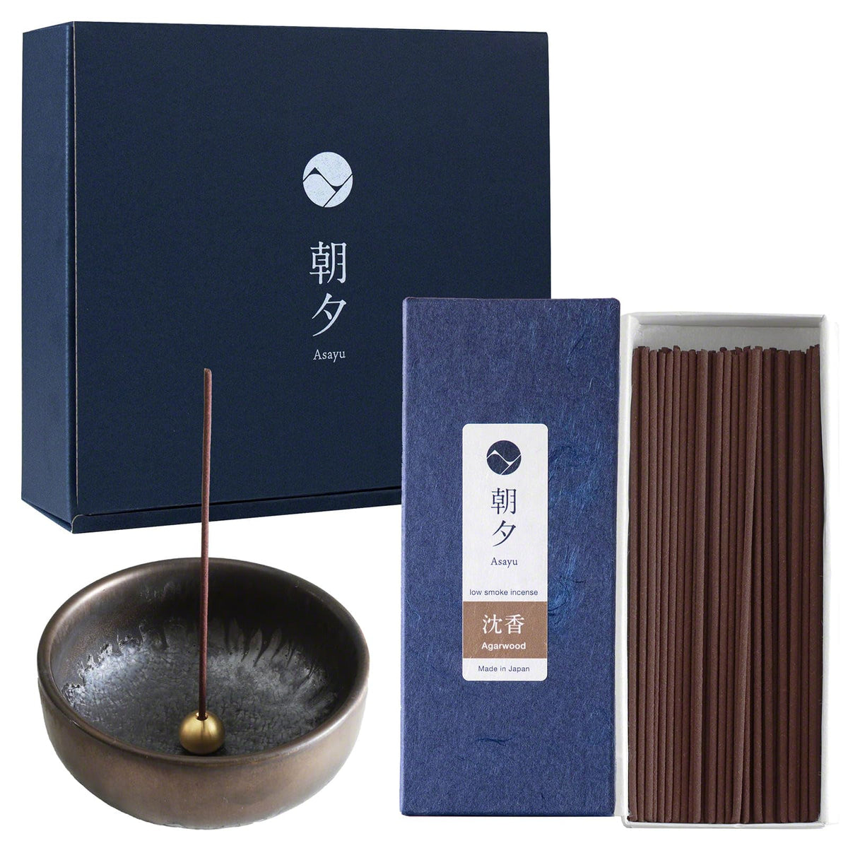 Asayu Japan Low Smoke Incense Gift Set with Incense Holder and Brass Stand, Agarwood Incense Sticks with Zen Holder