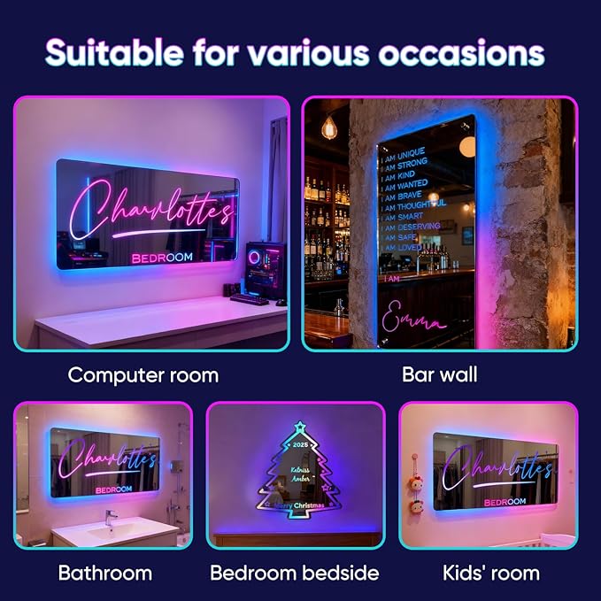 VEELU Personalized Custom Name Mirror LED Light Up Mirror, Wall Decor