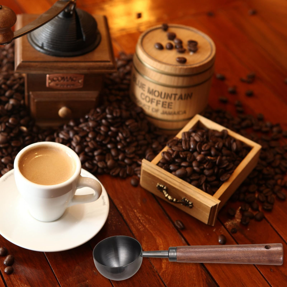 Vintage Coffee Scoop 10g/30ml Capacity 2pcs Retro 304 Stainless Steel Coffee Measuring Spoon Walnut Wooden Handle Coffee Scoop Kitchen Utensil for Measuring Scooping Tea Coffee Spices (Long Handle)