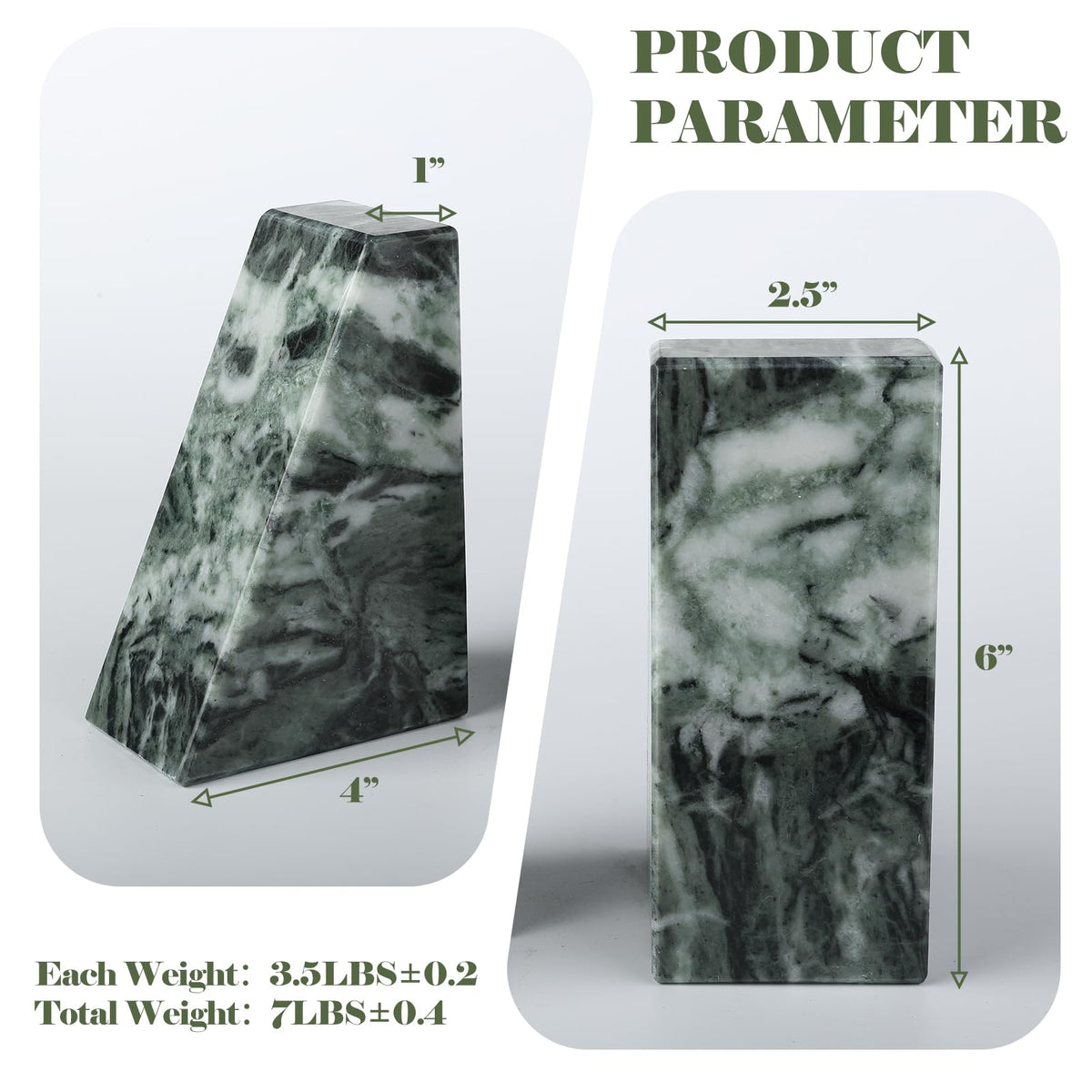 Karibiber Marble Bookends for Heavy Books, Decorative Bookends for Shelves, Green Stone Book Ends, Heavy-Duty Book Ends for Hardback Book & Cookbooks, Unique Book Stopper & Holder, Set of 2