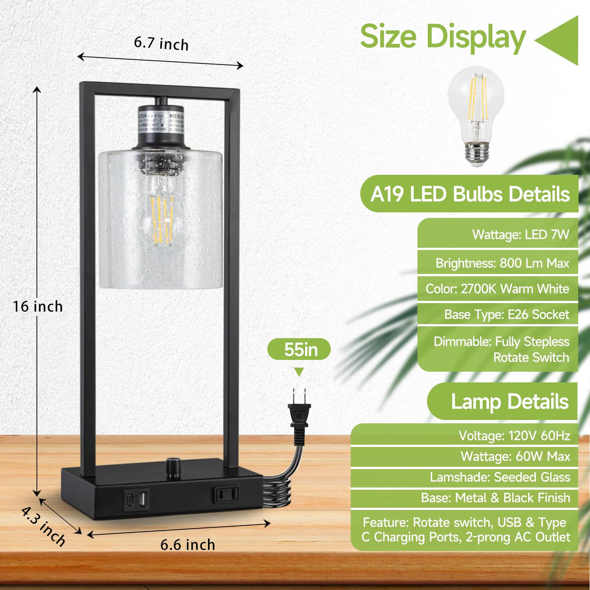 16" Desk Lamps for Home Office, Bedside Lamps with USB C+A Ports and Outlet, Black Fully Stepless Dimmable Industrial Table Lamps with Seeded Glass Shade for Reading Living Room, LED Bulbs Included