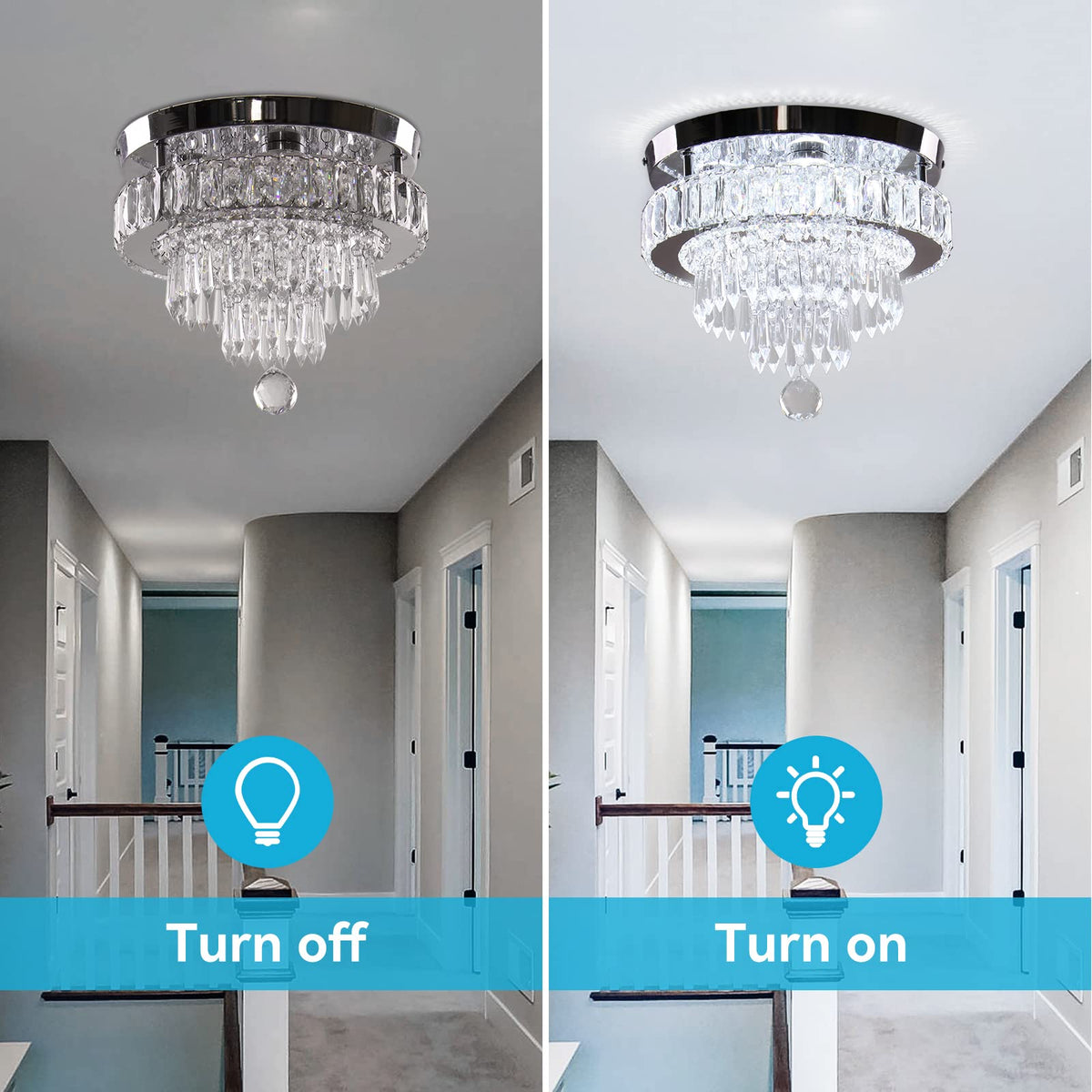 Finktonglan 11.8" Crystal Chandeliers, Morden Crystal Ceiling Light LED Small Chandeliers Semi Flush Mount Chandelier Room Light for Bedrooms Living Room Hallway (6500K White Light)