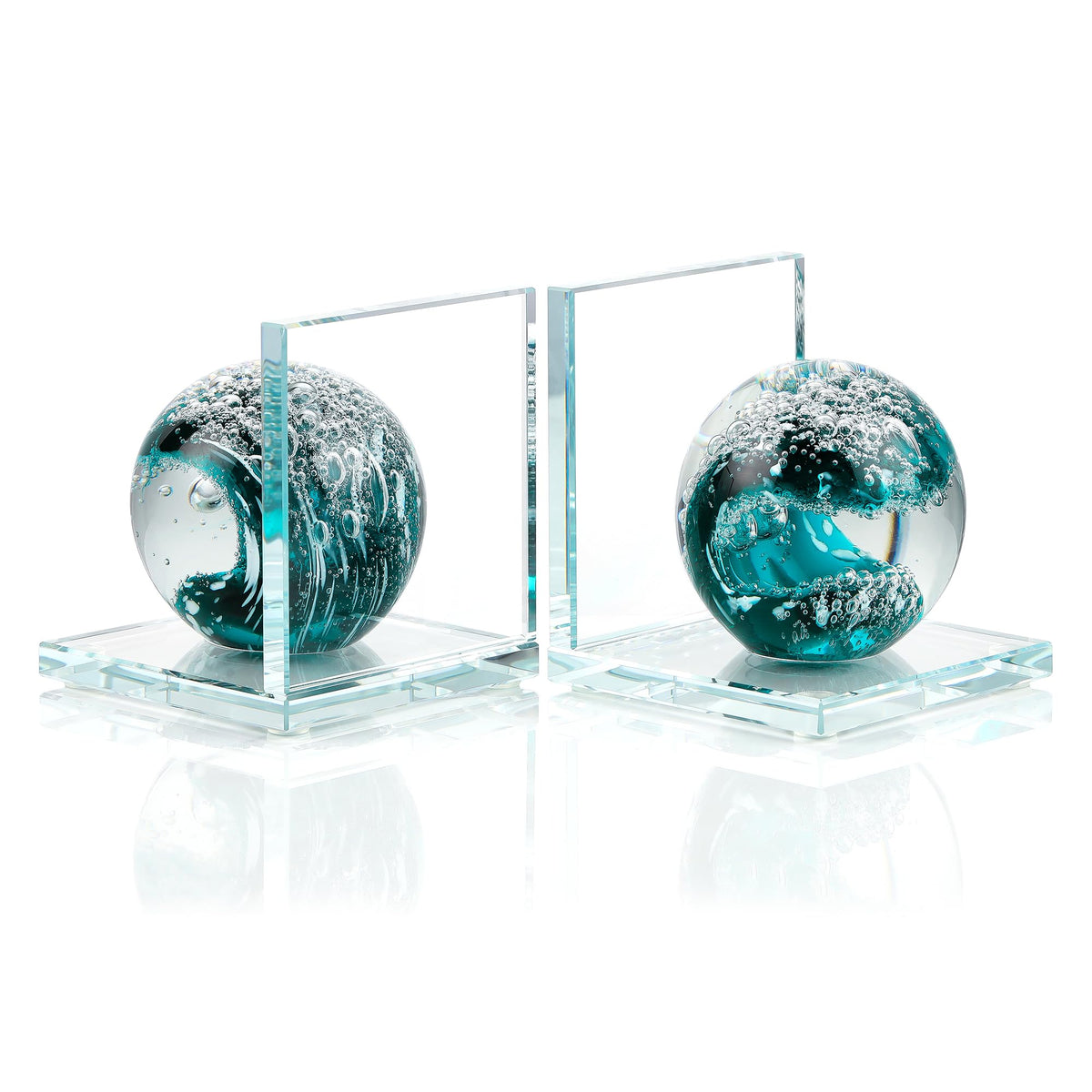 Book Ends for Shelves, Glass Bookends with Dark Blue Glass Hand Blown Sea Wave Ball, Non Skid Sturdy Decorative Bookends for Ocean Lovers, Heavy Books, Office, Set of 2
